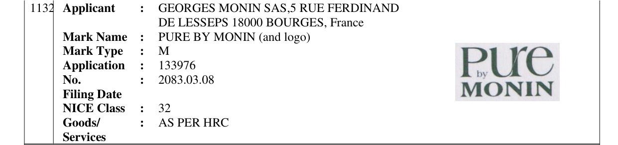 Original bulletin entry for PURE BY MONIN (and logo)