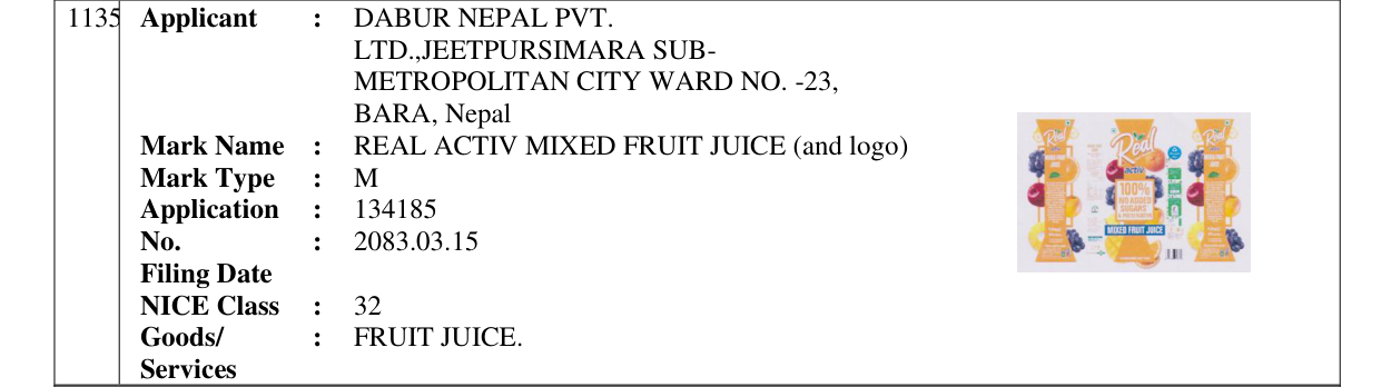 Original bulletin entry for REAL ACTIV MIXED FRUIT JUICE (and logo)