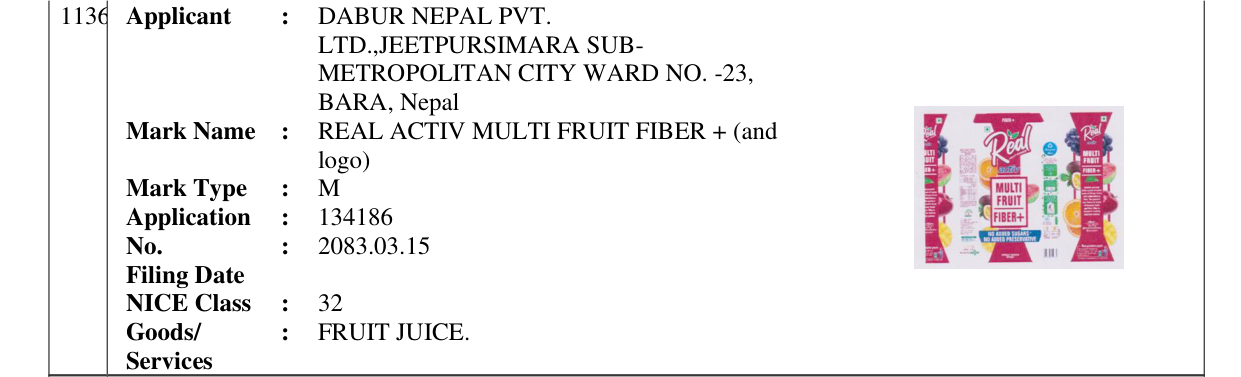 Original bulletin entry for REAL ACTIV MULTI FRUIT FIBER + (and logo)