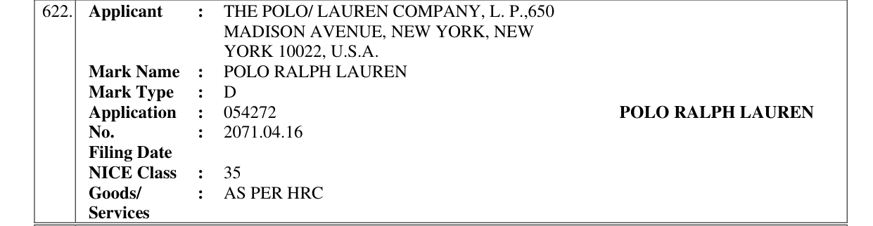 Original bulletin entry for POLO RALPH LAUREN