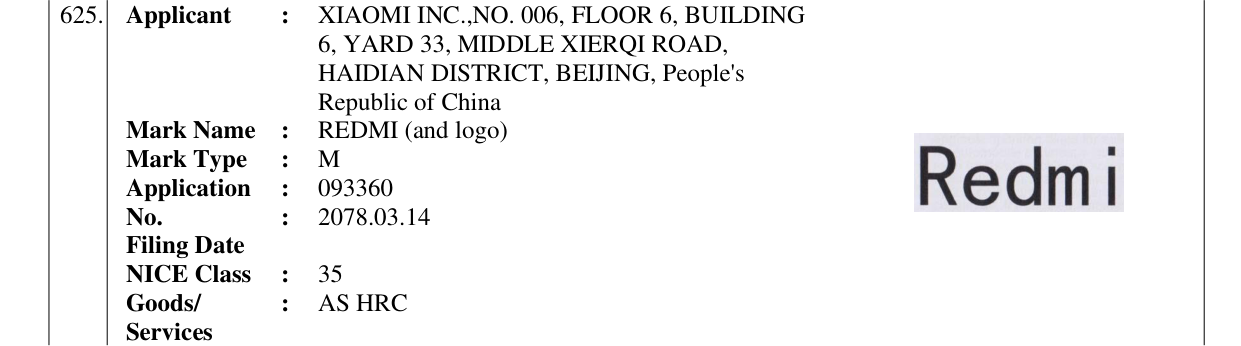 Original bulletin entry for REDMI (and logo)