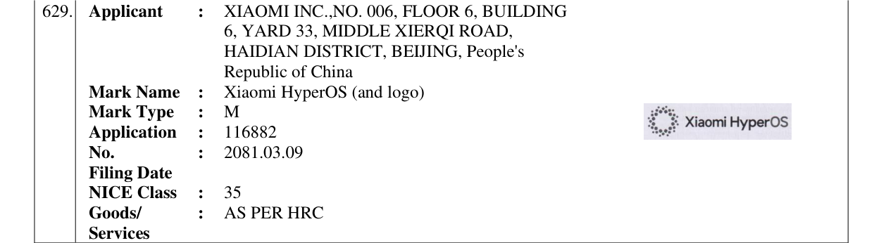 Original bulletin entry for Xiaomi HyperOS (and logo)