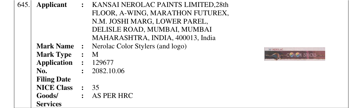 Original bulletin entry for Nerolac Color Stylers (and logo)