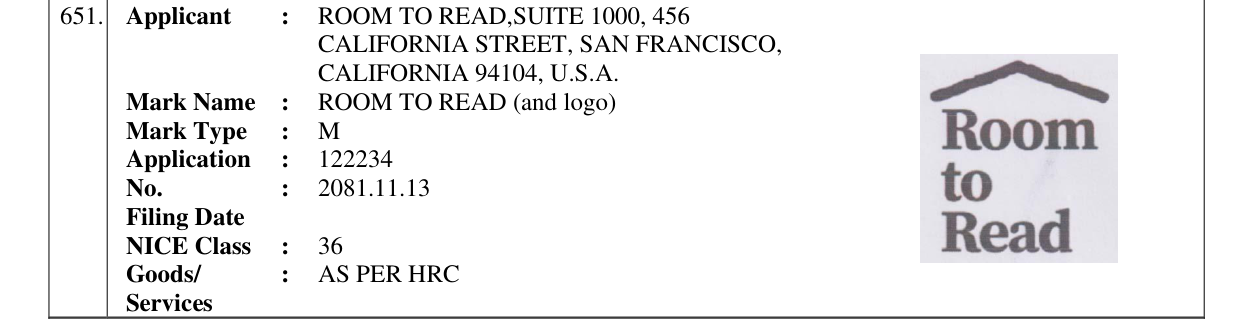Original bulletin entry for ROOM TO READ (and logo)