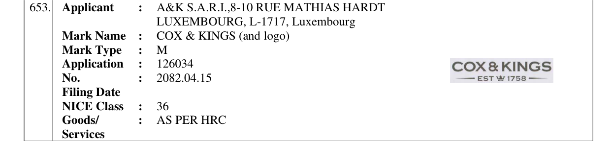 Original bulletin entry for COX & KINGS (and logo)