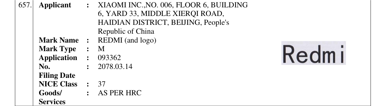 Original bulletin entry for REDMI (and logo)