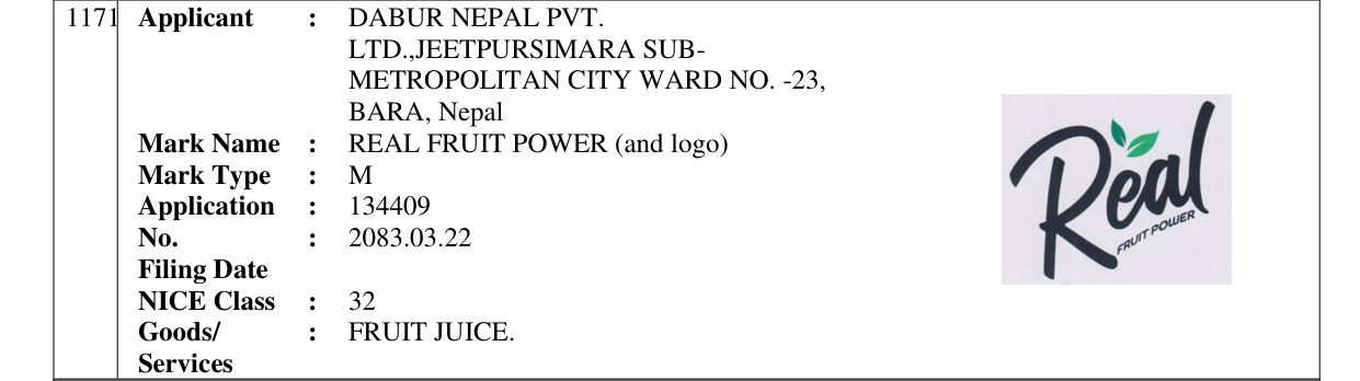 Original bulletin entry for REAL FRUIT POWER (and logo)