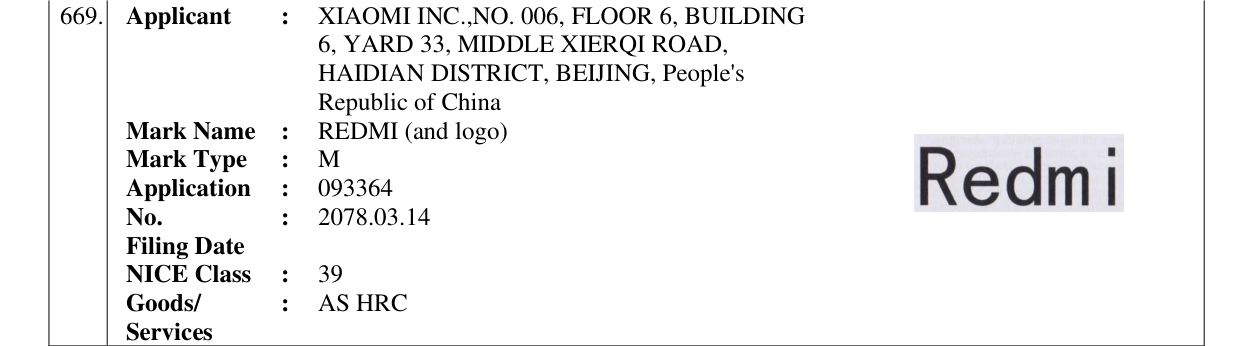 Original bulletin entry for REDMI (and logo)