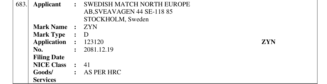 Original bulletin entry for ZYN