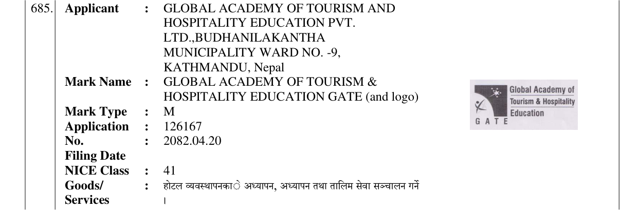 Original bulletin entry for GLOBAL ACADEMY OF TOURISM & HOSPITALITY EDUCATION GATE (and logo)