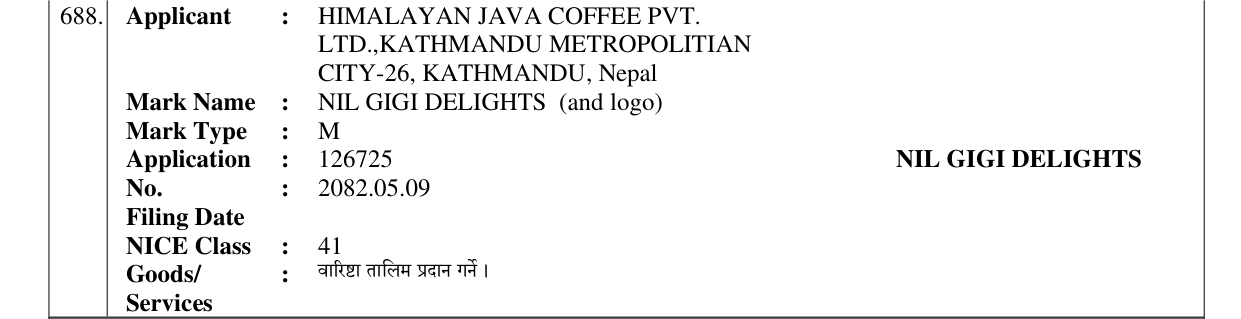 Original bulletin entry for NIL GIRI DELIGHTS with Logo