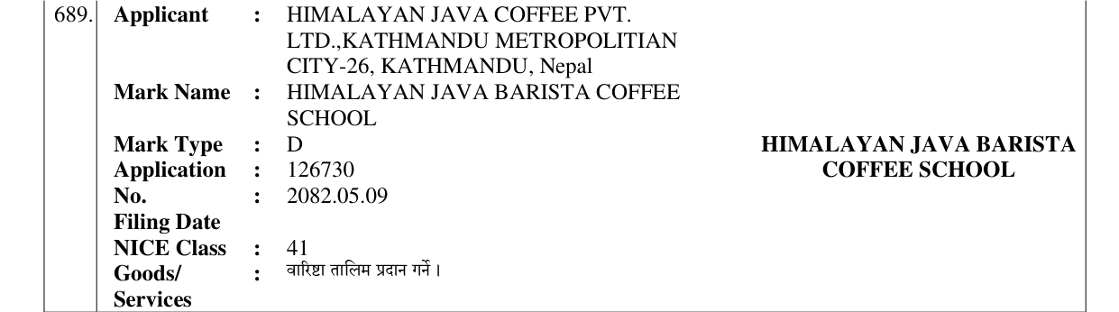 Original bulletin entry for HIMALAYAN JAVA BARISTA COFFEE SCHOOL