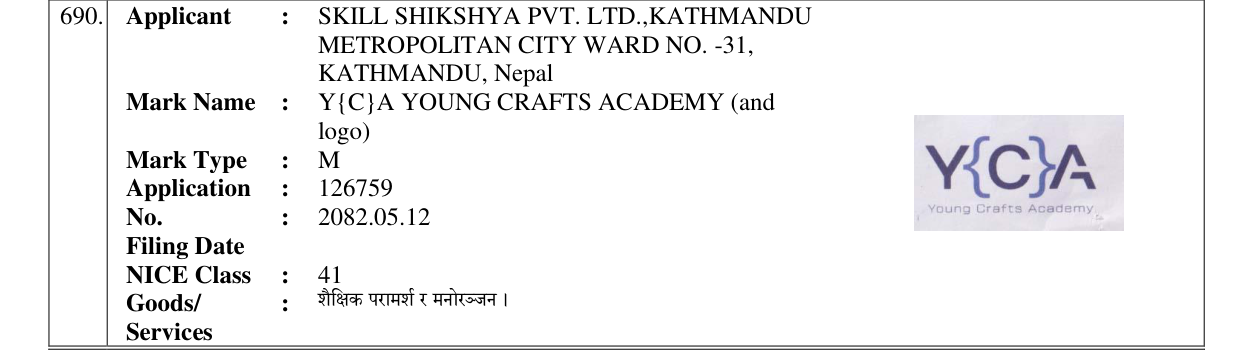 Original bulletin entry for Y{C}A YOUNG CRAFTS ACADEMY (and logo)