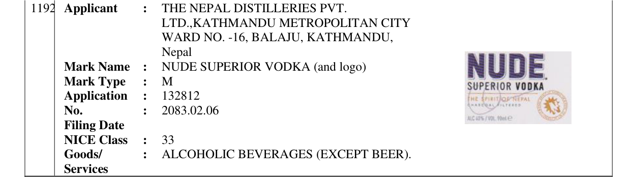 Original bulletin entry for NUDE SUPERIOR VODKA (and logo)
