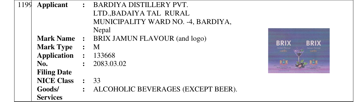 Original bulletin entry for BRIX JAMUN FLAVOUR (and logo)
