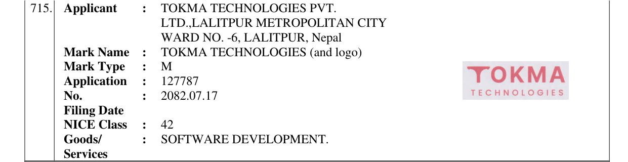 Original bulletin entry for TOKMA TECHNOLOGIES (and logo)