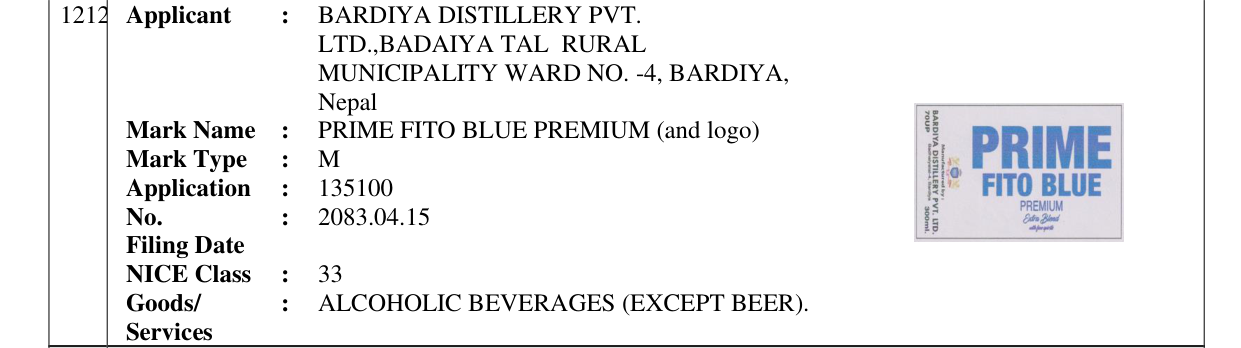 Original bulletin entry for PRIME FITO BLUE PREMIUM (and logo)