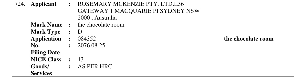 Original bulletin entry for the chocolate room