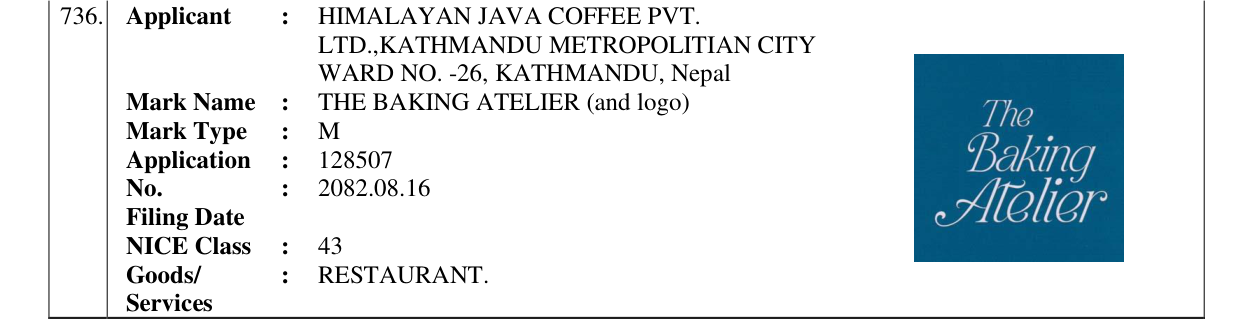 Original bulletin entry for THE BAKING ATELIER (and logo)