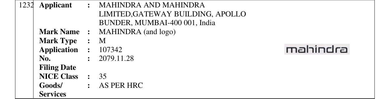 Original bulletin entry for MAHINDRA (and logo)
