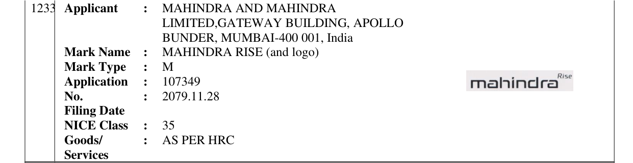 Original bulletin entry for MAHINDRA RISE (and logo)