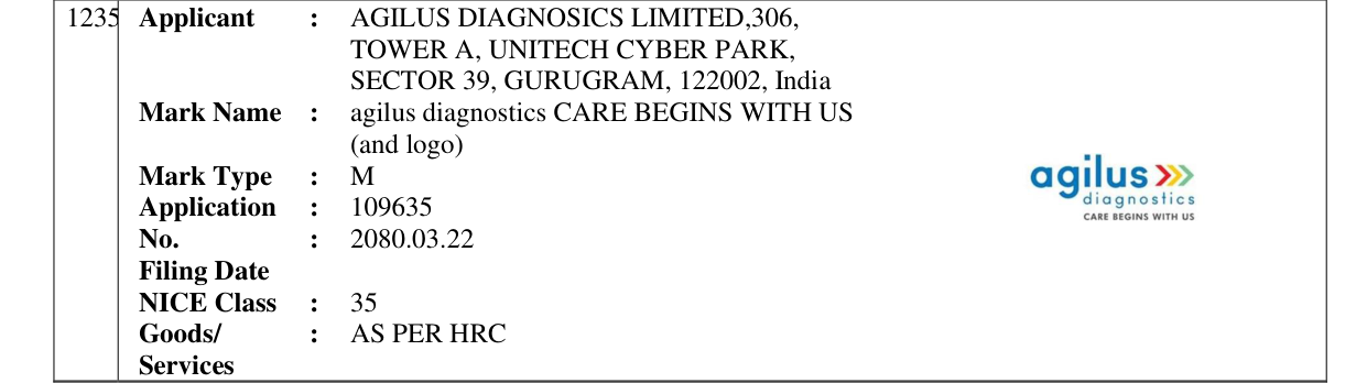 Original bulletin entry for agilus diagnostics CARE BEGINS WITH US (and logo)