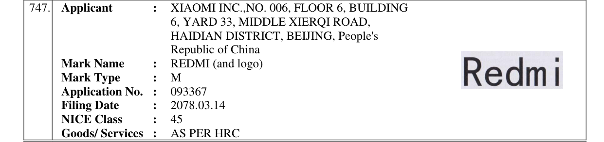Original bulletin entry for REDMI (and logo)