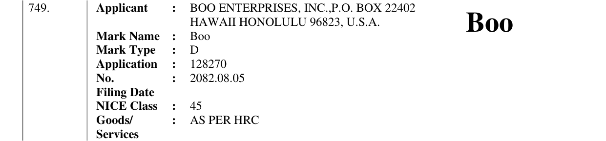 Original bulletin entry for Boo HAWAII HONOLULU 96823, U.S.A. Boo