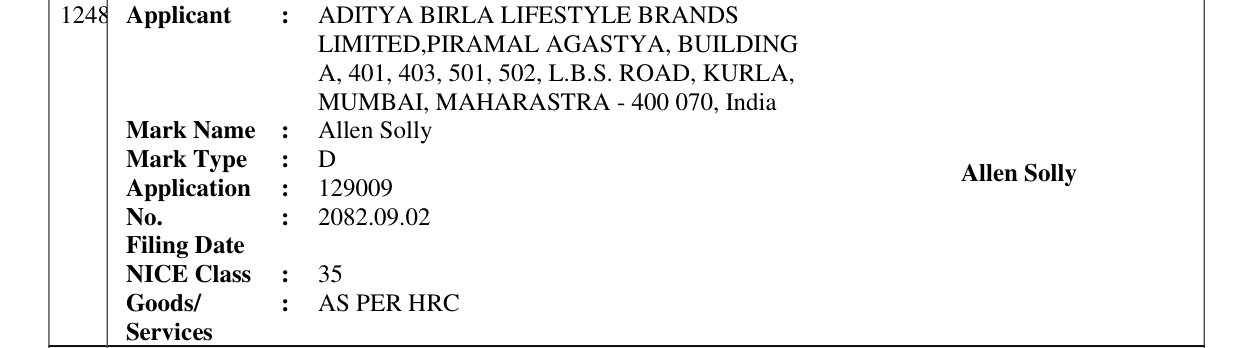 Original bulletin entry for Allen Solly