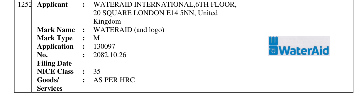 Original bulletin entry for WATERAID (and logo)