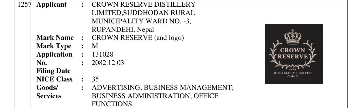 Original bulletin entry for CROWN RESERVE (and logo)