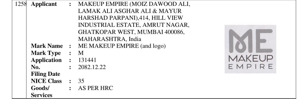 Original bulletin entry for ME MAKEUP EMPIRE (and logo)