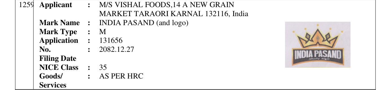 Original bulletin entry for INDIA PASAND (and logo)