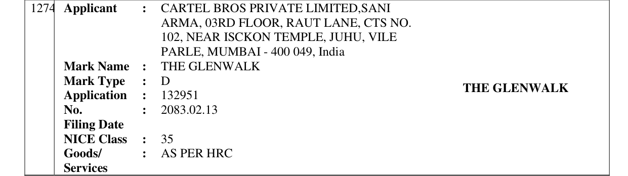 Original bulletin entry for THE GLENWALK