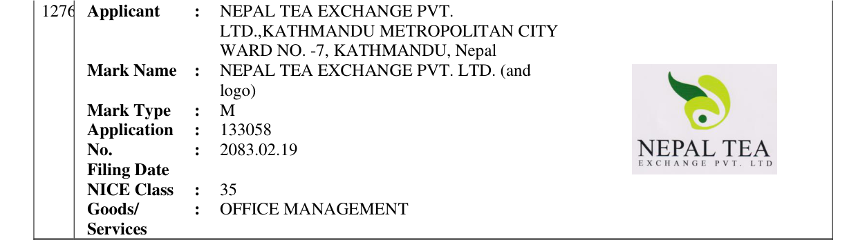 Original bulletin entry for NEPAL TEA EXCHANGE PVT. LTD. (and logo)