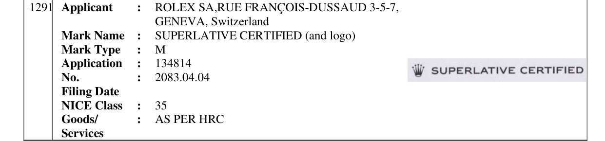 Original bulletin entry for SUPERLATIVE CERTIFIED (and logo)