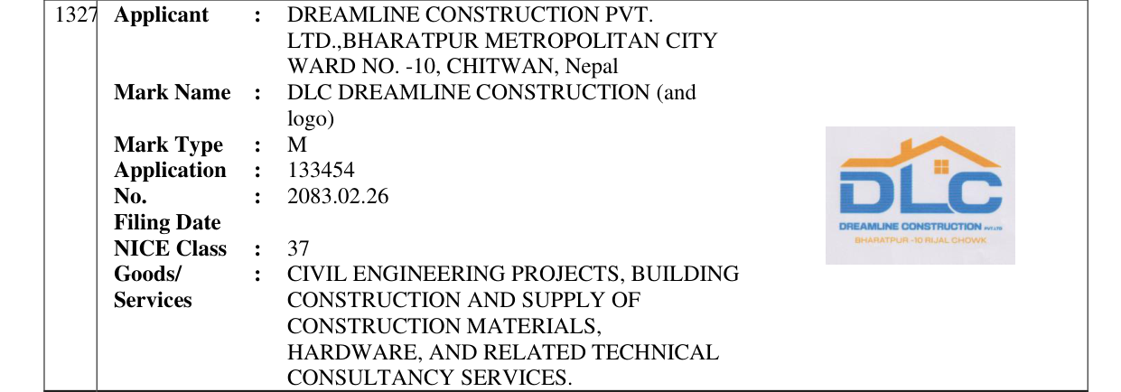 Original bulletin entry for DLC DREAMLINE CONSTRUCTION (and logo)
