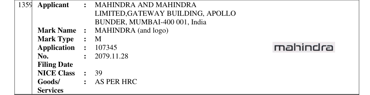 Original bulletin entry for MAHINDRA (and logo)