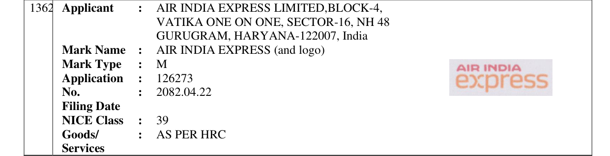 Original bulletin entry for AIR INDIA EXPRESS (and logo)
