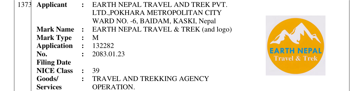 Original bulletin entry for EARTH NEPAL TRAVEL & TREK (and logo)