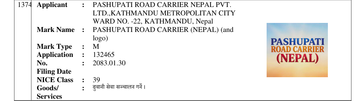 Original bulletin entry for PASHUPATI ROAD CARRIER (NEPAL) (and logo)