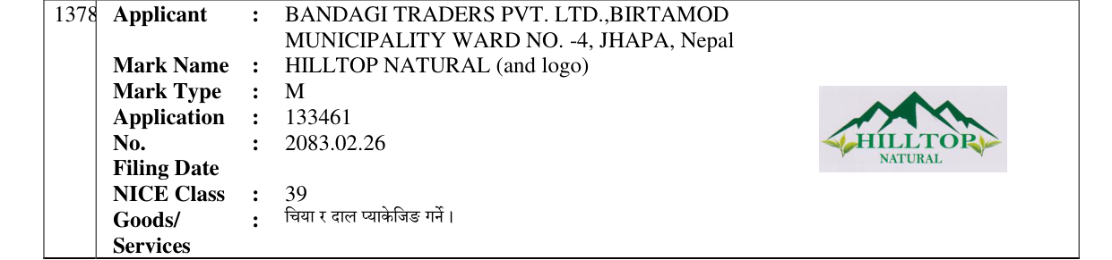 Original bulletin entry for HILLTOP NATURAL (and logo)