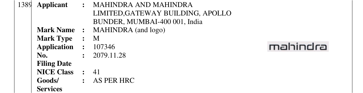 Original bulletin entry for MAHINDRA (and logo)