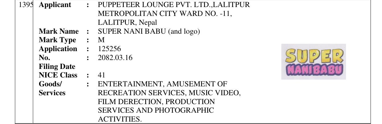 Original bulletin entry for SUPER NANI BABU (and logo)
