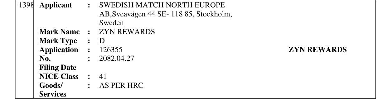 Original bulletin entry for ZYN REWARDS