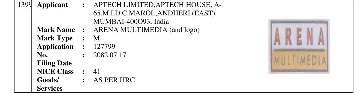 Original bulletin entry for ARENA MULTIMEDIA (and logo)