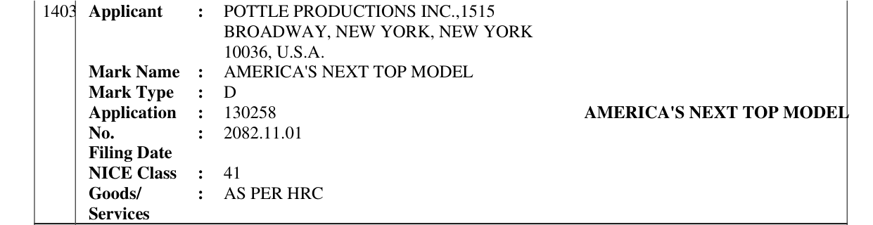 Original bulletin entry for AMERICA'S NEXT TOP MODEL