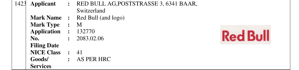 Original bulletin entry for Red Bull (and logo)
