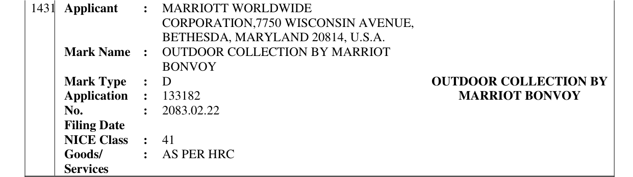 Original bulletin entry for OUTDOOR COLLECTION BY MARRIOT BONVOY