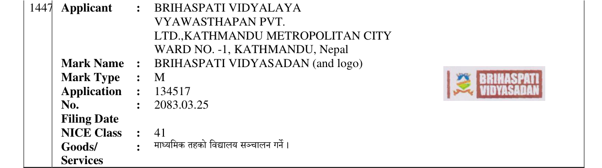 Original bulletin entry for BRIHASPATI VIDYASADAN (and logo)